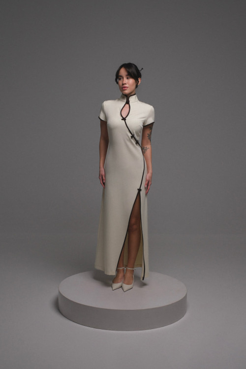 Asian dress - Cream-Chocolate